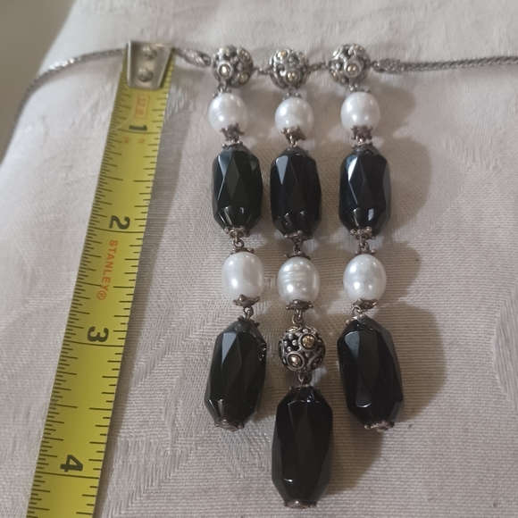 John Hardy Jaisalmer Onyx and Pearl 3 Strand Drop Necklace, SS & 18k - Picture 11 of 14